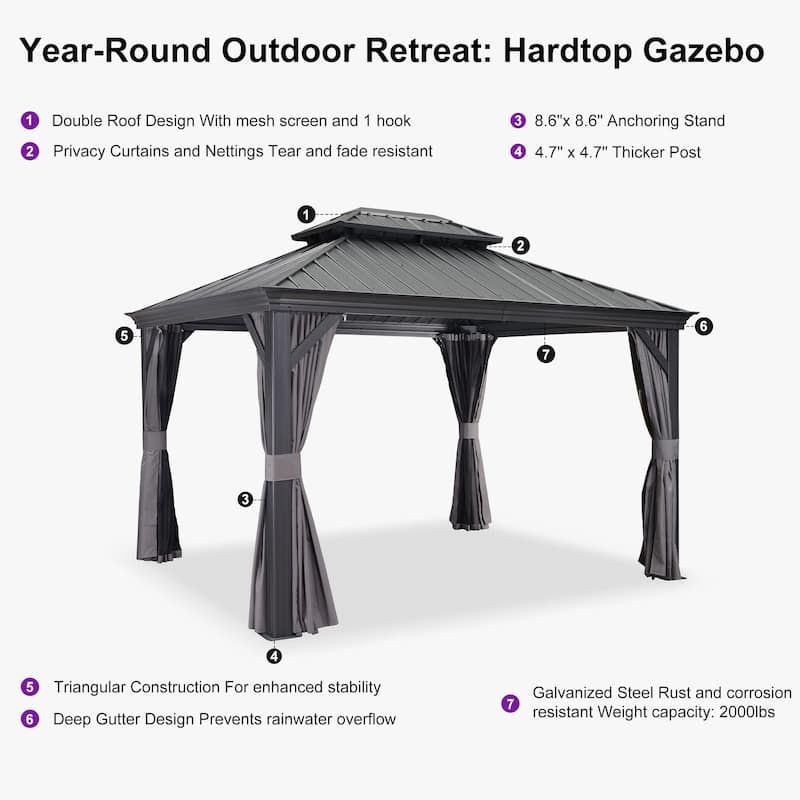 PURPLE LEAF Outdoor Galvanized Steel Hardtop Gazebo, Aluminum Frame Gazebo With Curtains