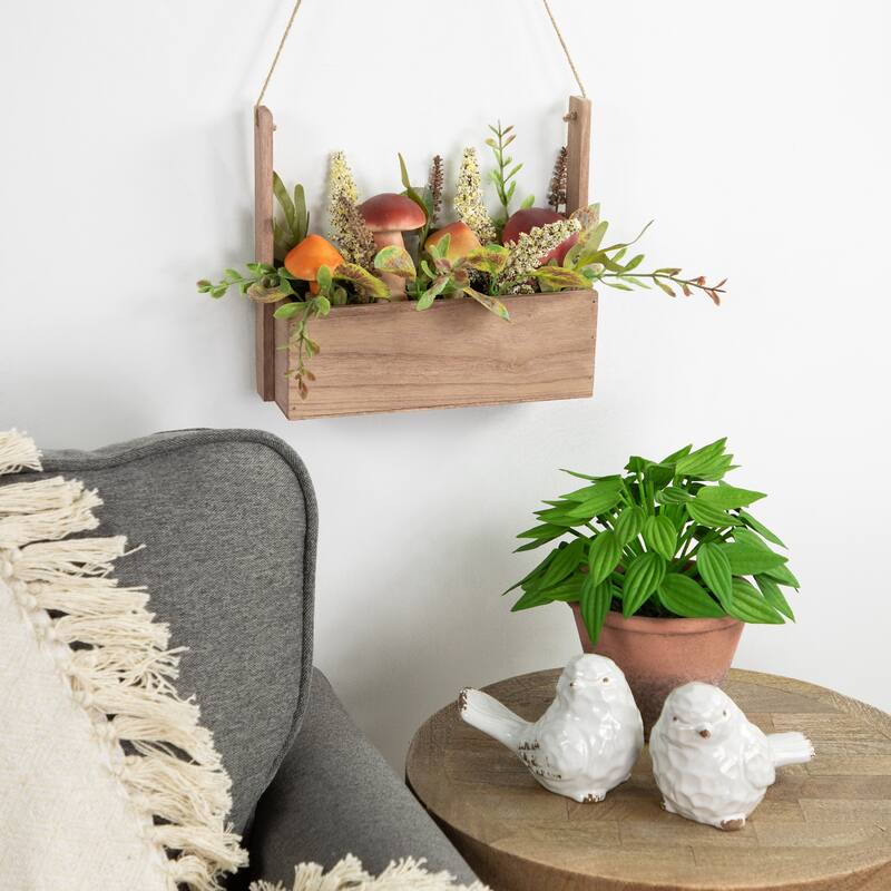 Mushroom and Foliage Wooden Box Artificial Fall Harvest Hanging Arrangement - 19"