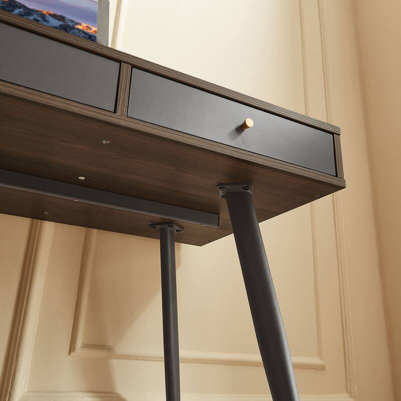 GDF Studio - Mid-Century Writing Desk with USB Ports, Power Outlet & Storage Drawers