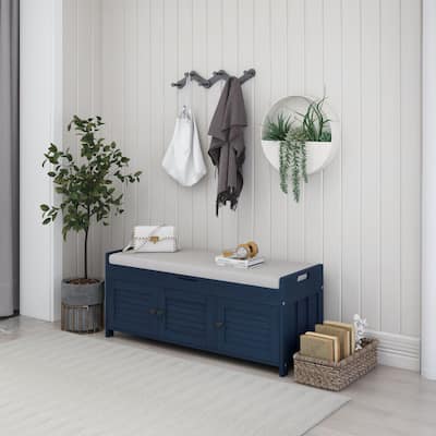 Wood Storage Bench with 3 Shutter-Shaped Doors and Flip-Open Storage Box, Entryway Shoe Bench with Adjustable Shelves