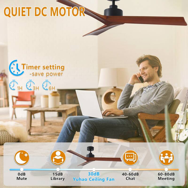 YUHAO SylvanAir Modern 52 in. Flush Mount Outdoor/Indoor Ceiling Fan with 3 Solid Wood Blades and DC Reversible Motor