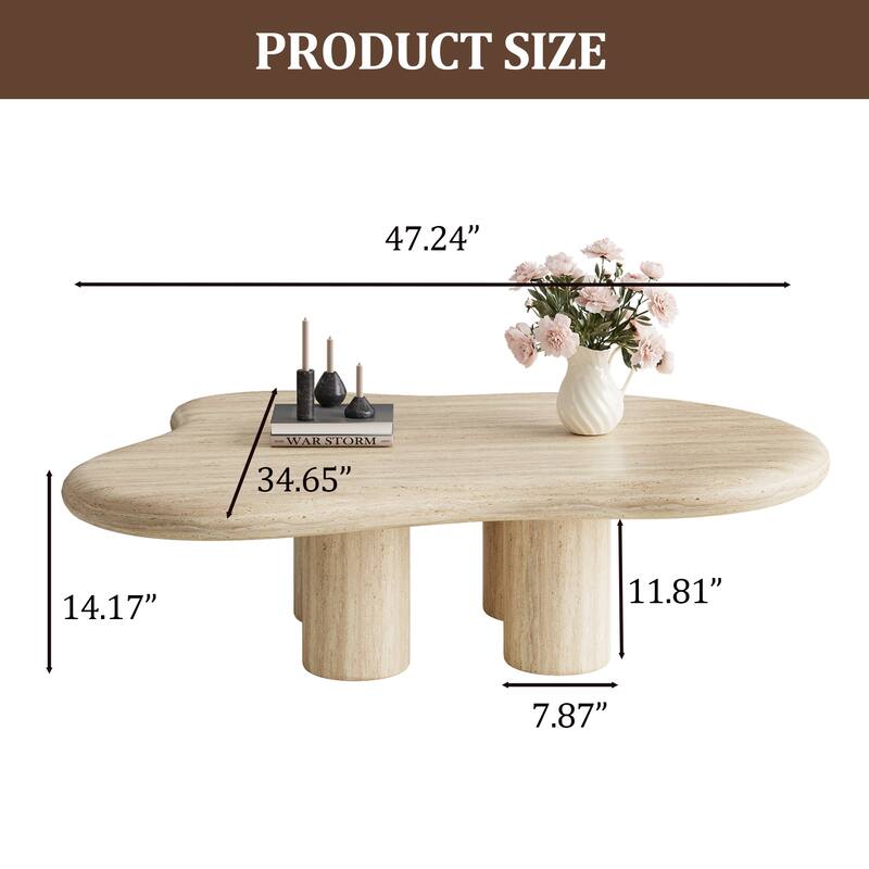 47" Modern Cloud Shaped Coffee Table, Premium Wood with travertine texture,Beige