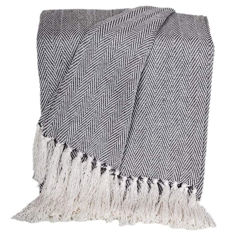 HomeRoots 52" X 67" Gray and Ivory Woven Cotton Herringbone Throw Blanket with Fringe