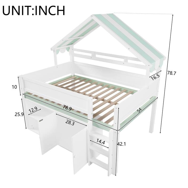 Full Size Loft Bed with Storage Cabinet and House-shaped Canopy Roof Built-in Storage Shelves