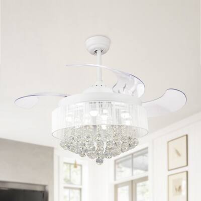 42-in Glam White LED Retractable Crystal Chandelier Ceiling Fan with Remote Control - 42-in W