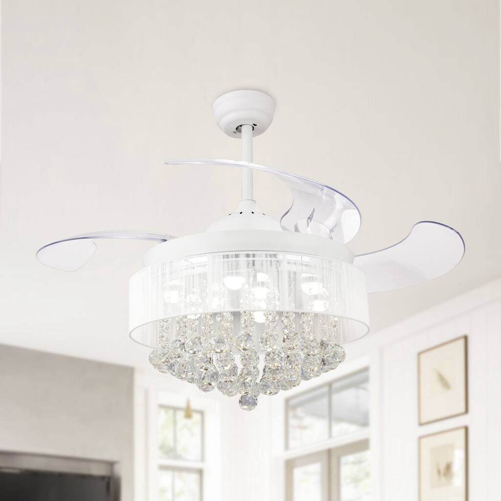 Modern White 46" LED Crystal Chandelier Ceiling Fan with Remote Control, Retractable Blades, 4000K Cool Light