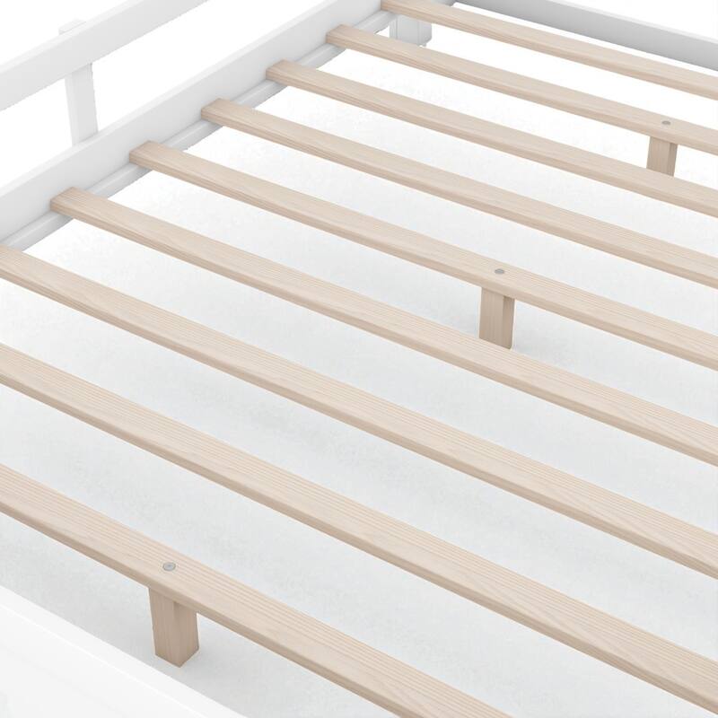Twin/Full Size Wood Platform Bed with LED Light, Storage Headboard and Guardrail, No Box Spring Needed