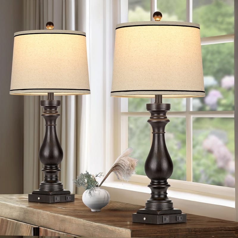 27.5'' Traditional USB Table Lamps with Type-C Port Bedside Lamps with 3-Way Dimmable Touch Control (Set of 2)