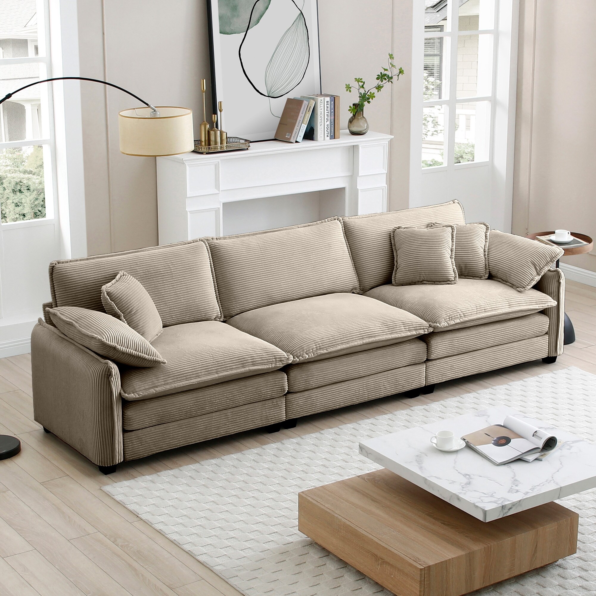 Modern 3-Seater Sectional Sofa with 2 Arm Pillows and 3 Throw Pillows and Memory Foam Cushions for Living Room