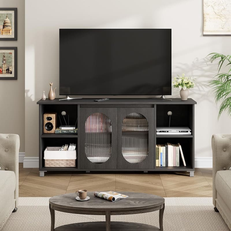 70 inch TV Stand with Frosted Glass Doors with Storage Shelves for Living Room - N/A - Black