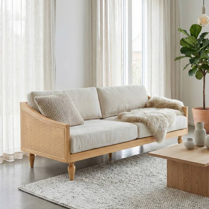 Roomfitters Mid-Century Modern Loveseat Sofa with Rattan Armrests, Solid Wood Frame