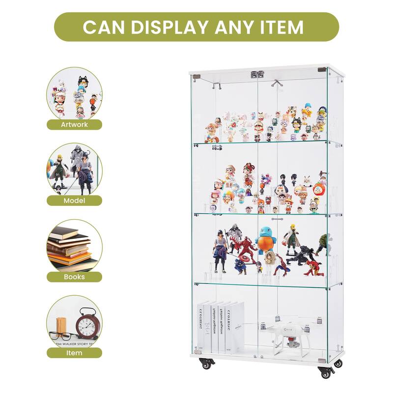4 Tier Glass Display Cabinet, Double Door Glass Cabinet with Two Locks, Floor Standing Storage Cabinet with 6 Acrylic Shelves