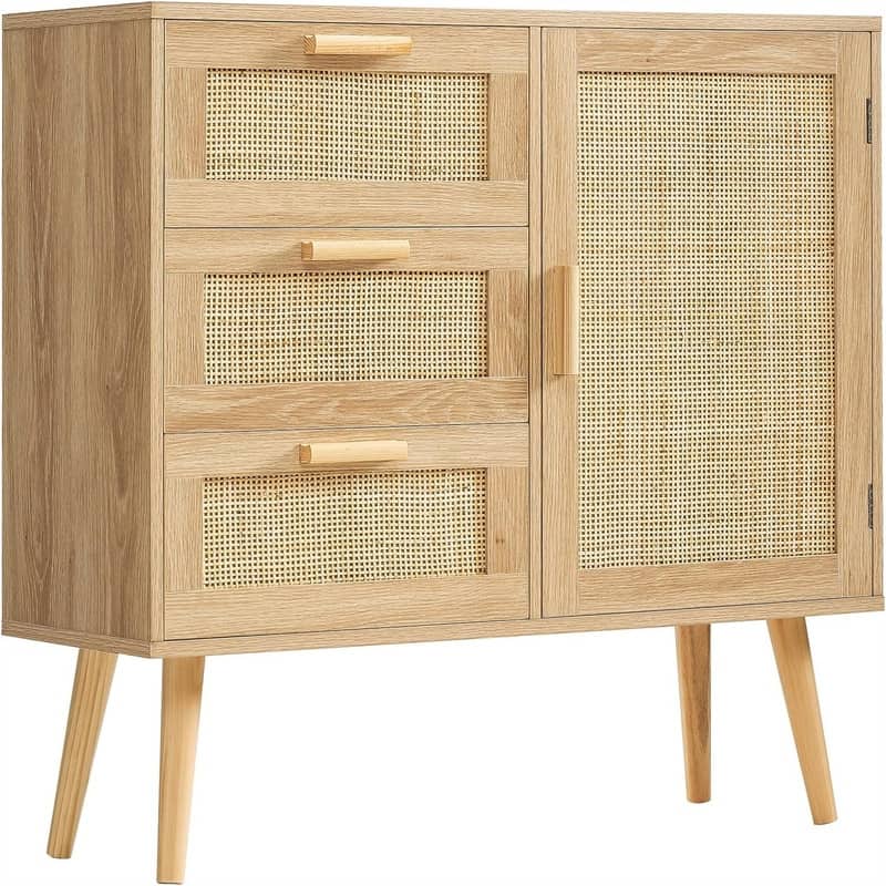Storage Cabinet with Rattan Door 3 Drawers - 11.8"D x 31.5"W x 30.7"H
