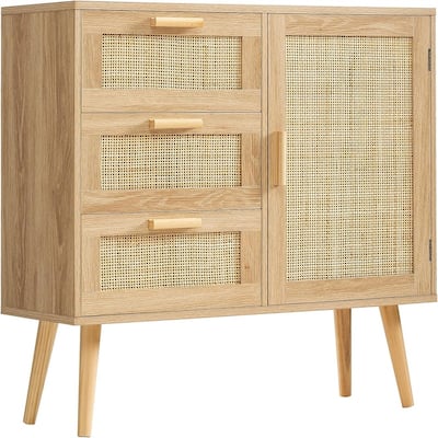 Storage Cabinet with Rattan Door 3 Drawers - 11.8"D x 31.5"W x 30.7"H
