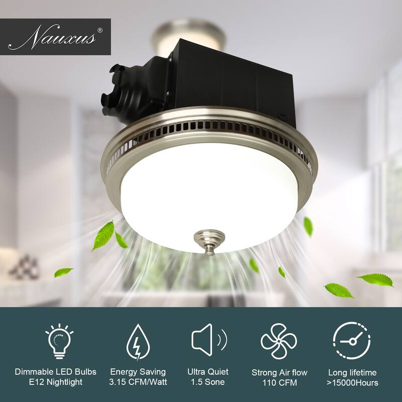 Exhaust Fan, Ultra Quiet 110 CFM 1.5 Sones Ventilation Exhaust Bathroom Fan with Light and Nightlight, 3 Years Warranty