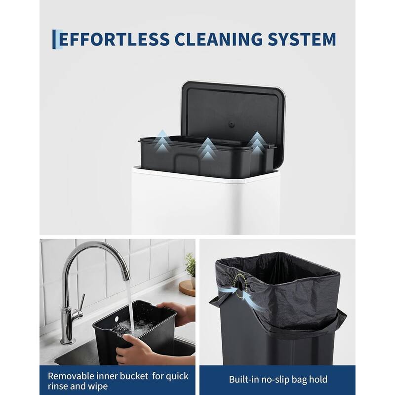 3.4-Gallon Rectangular Step Trash Can Stainless Steel with Soft-Close Lid and Removable Bucket White