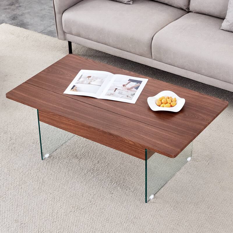 Multifunctional Lift-Top Coffee Table - Light Wood Finish, Tempered Glass Legs. Ideal for Modern Living Rooms and Offices.