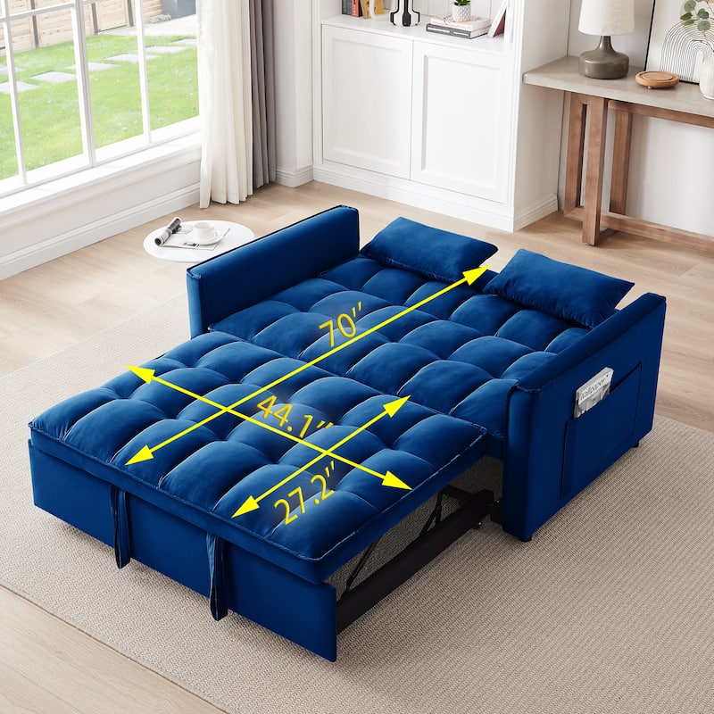 Blue Modern 55.1" 3 in 1 Convertible Loveseat Sofa Bed with Adjustable Back and Storage Bag for Living Room