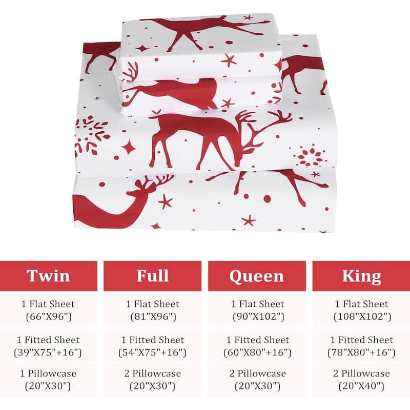 Christmas Soft Red Reindeer Holiday Bed Sheets Set with 16 Inches Deep Pocket