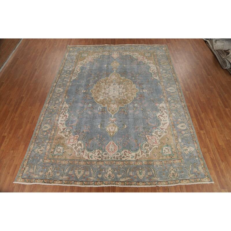 Blue Tabriz Persian Vintage Area Rug Hand-Knotted Wool Carpet - 9'6" x 12'8"