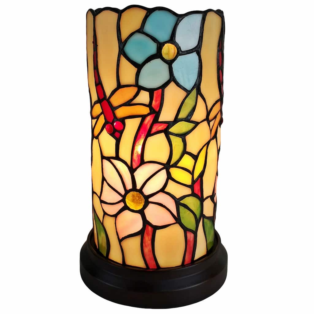 HomeRoots 10" Red and Beige Dragonfly Stained Glass Accent Lamp - 8 x 8 x 14