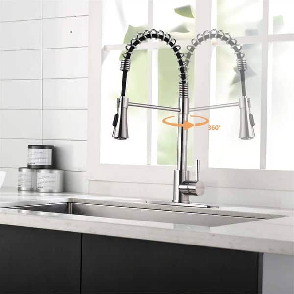 Kitchen Faucet With Pull Down Sprayer – Single Handle Spring Sink Faucet In Brushed Nickel Stainless Steel, Fits 1 Or 3-Hole Sinks