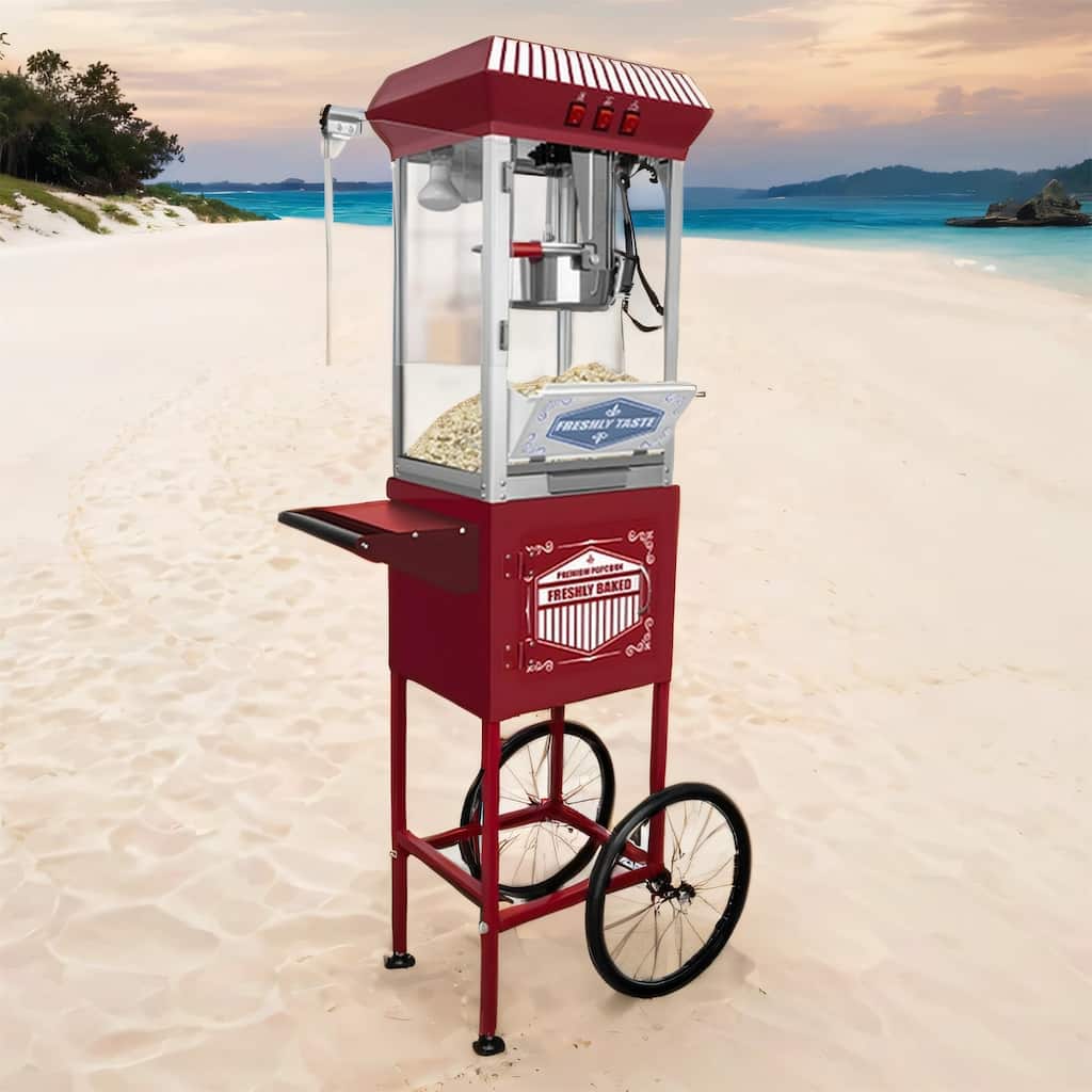 Theater-Style Popcorn Machine w/ Cart, 12oz Kettle, Red Vintage Wheels