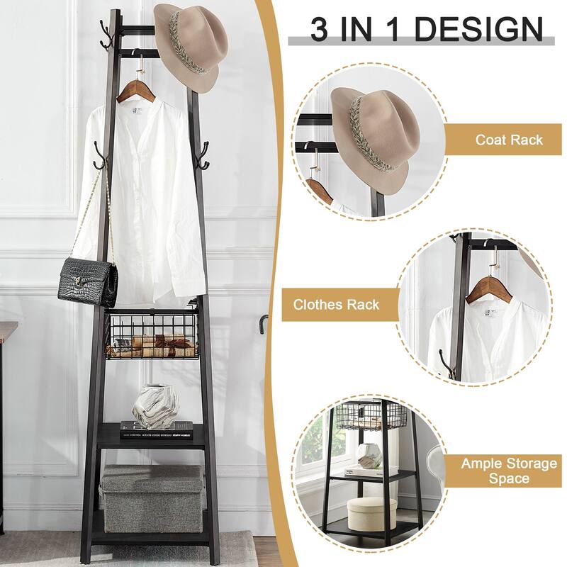 Javlergo Coat Rack with Deep Metal Basket, 2-tier Shelves & 8 Dual Hooks