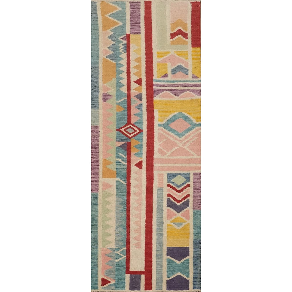 Hand Woven Oriental 100% Wool Carpet Southwestern Modern Multi-Colored Kilim Runner Rug - 6' 3'' X 2' 3''