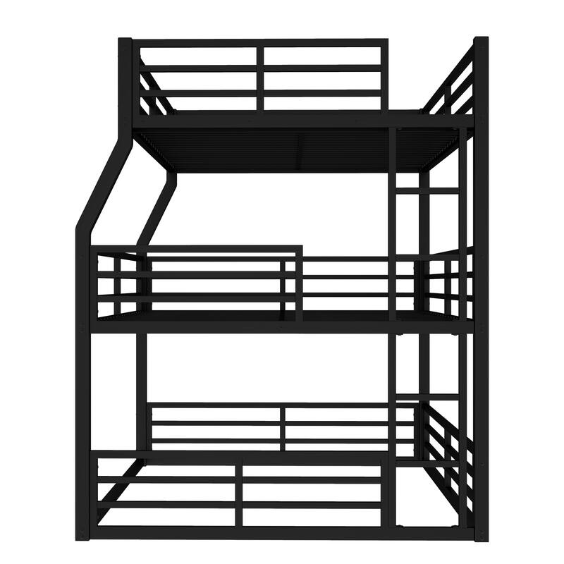 Space-Saving Metal Triple Bunk Bed with Safety Guardrails, Full/Full XL over Queen over Queen, Heavy-Duty Black Frame