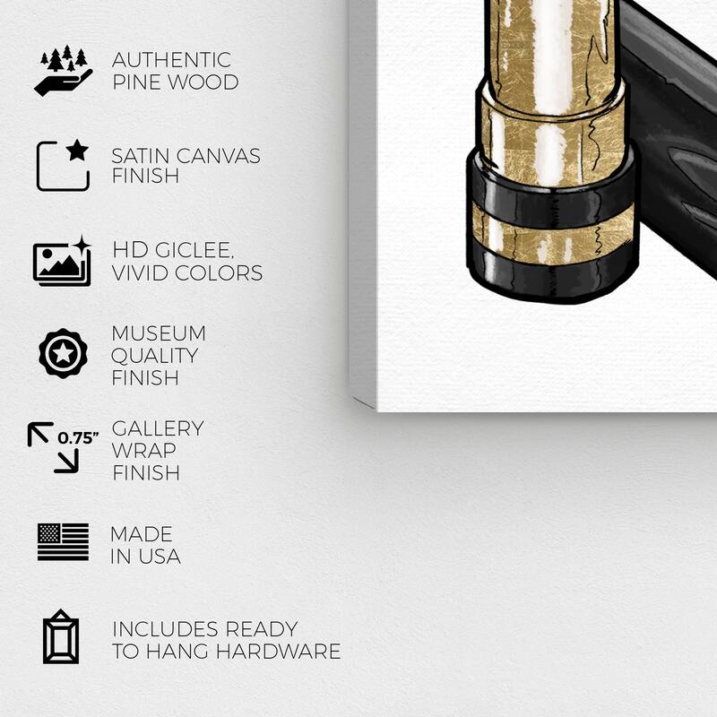 Wynwood Studio Canvas Fashion and Glam Fancy Lipstick III Gold and Metallic Gold Glam Wall Art Canvas Print