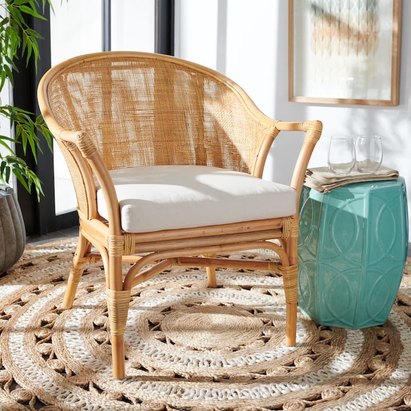 SAFAVIEH Vada Coastal Rattan Accent Chair with Cushion - 28.2" W x 27.2" L x 33.1" H - 28Wx27Dx33H