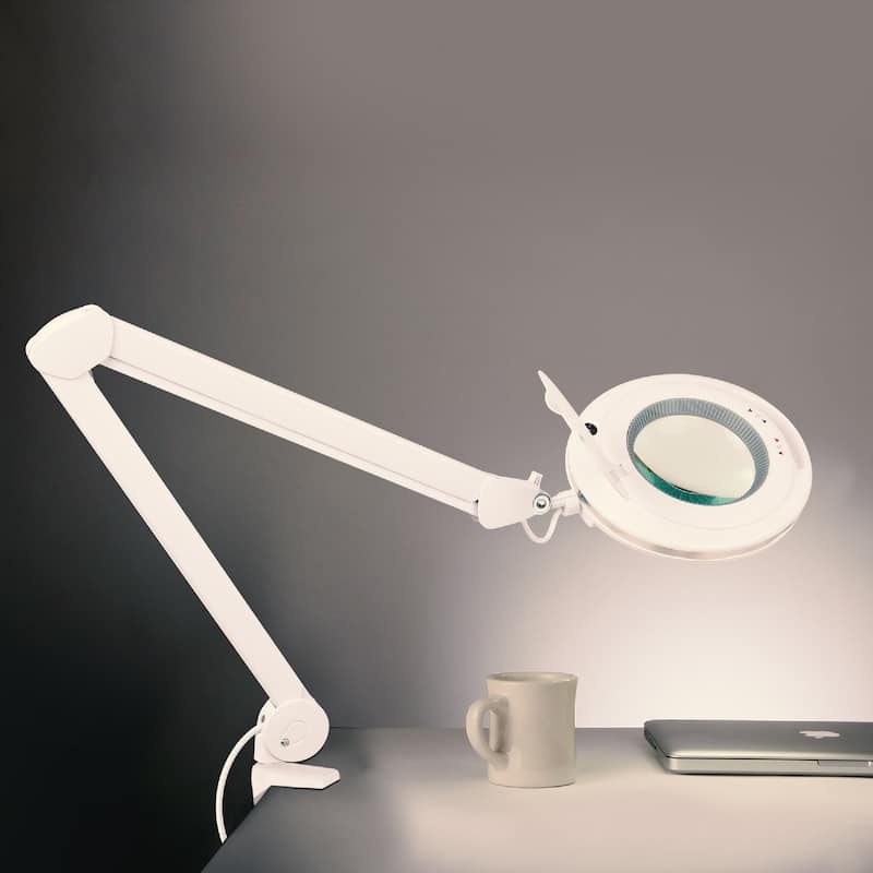 Brightech Lightview Pro 33 in. White Plug-in Adjustable Swing Arm Integrated 2.25X Magnifying Dimmable LED Desk Clamp Lamp