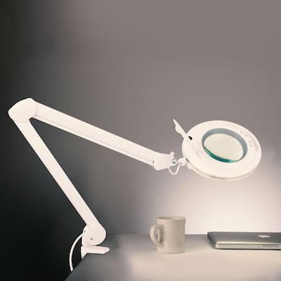 Brightech Lightview Pro 33 in. White Plug-in Adjustable Swing Arm Integrated 2.25X Magnifying Dimmable LED Desk Clamp Lamp