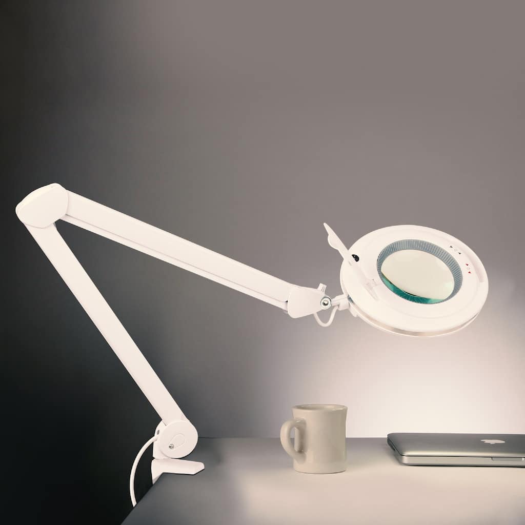 Brightech Lightview Pro 33 in. White Plug-in Adjustable Swing Arm Integrated 2.25X Magnifying Dimmable LED Desk Clamp Lamp