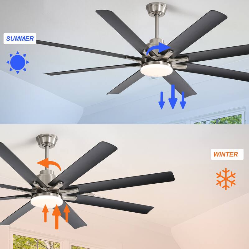 52/66/72/84 Inch Smart Ceiling Fan with Light ,Wall Switch, APP Control,Dimmable LED,8 Blades