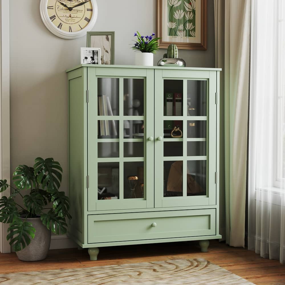 GDFStudio - Lillian Wood Buffet Cabinet with Glass Doors, Drawer, and Adjustable Storage