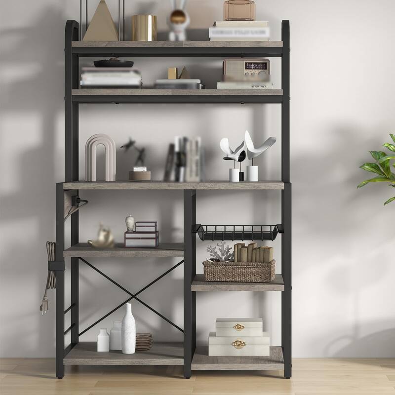 Bakers Rack with Power Outlet, 6-Tier Microwave Stand - Grey
