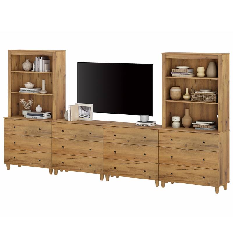 WAMPAT Modern Entertainment Center with Bookshelves for 75" TVs - 12 Drawers - Oak Brown