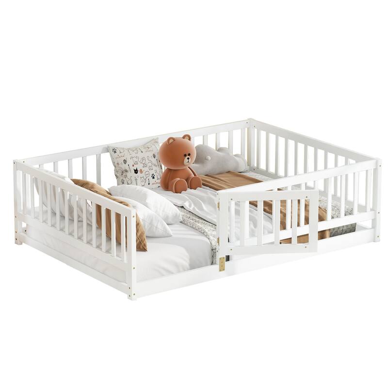 Kids Montessori Floor Bed for Kids, Girls, Boys, Solid Wood Floor Bed Frame with Fence and Door, No Box Spring Needed