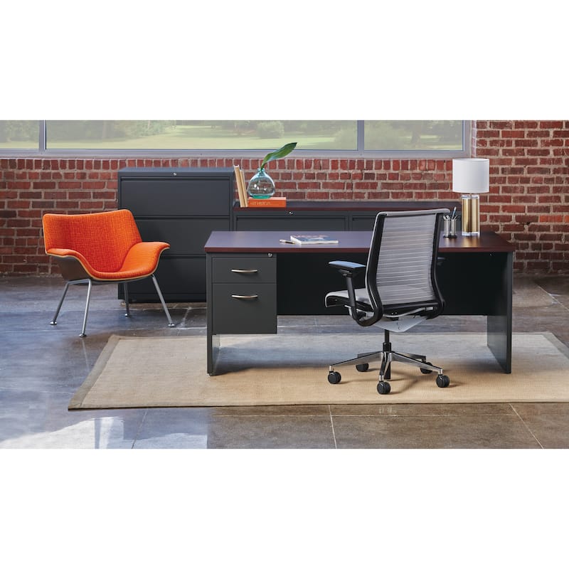 Hirsh Executive Office Modular Left-Hand Single Pedestal File Office Desk, 36" D x 72" W, Charcoal / Mahogany