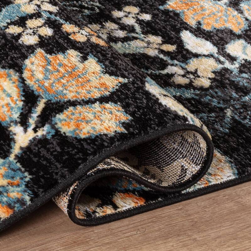 Black Multi Symmetrical Floral Stylish and Durable Area Rug