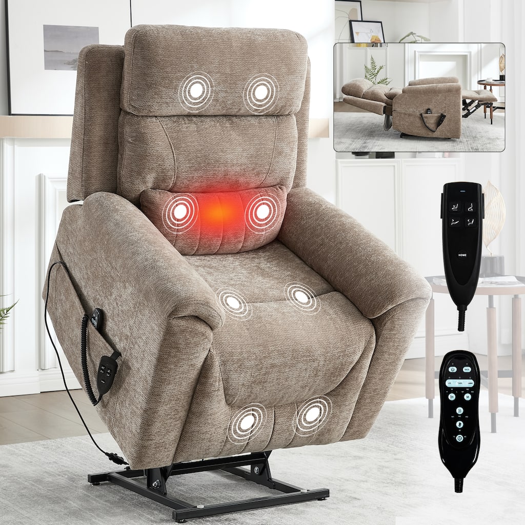 Dual Motor Power Lift Recliner Chair with Massage & Heating, Heavy Duty Electric Recliners with Cup Holders & Side Pockets