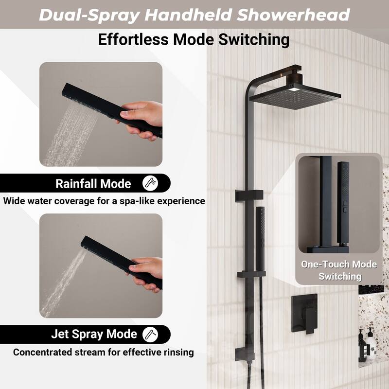5-Spray Wall Mount Dual Fixed and Handheld Shower Head with Slide Bar, Infrared Sensing, and LED Display in Matte Black