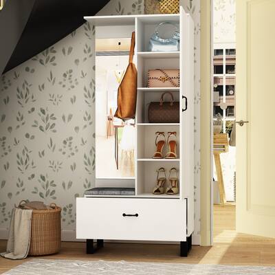 Entryway Cabinet with Concealed Door, Shoe Cabinet With Bench & Mirror - 20.3"Wx70.9"H