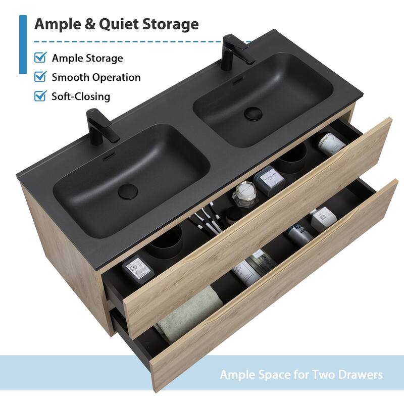 RupheonD 24"-48" Floating Bath Vanity in Evita Oak with Black Quartz Top