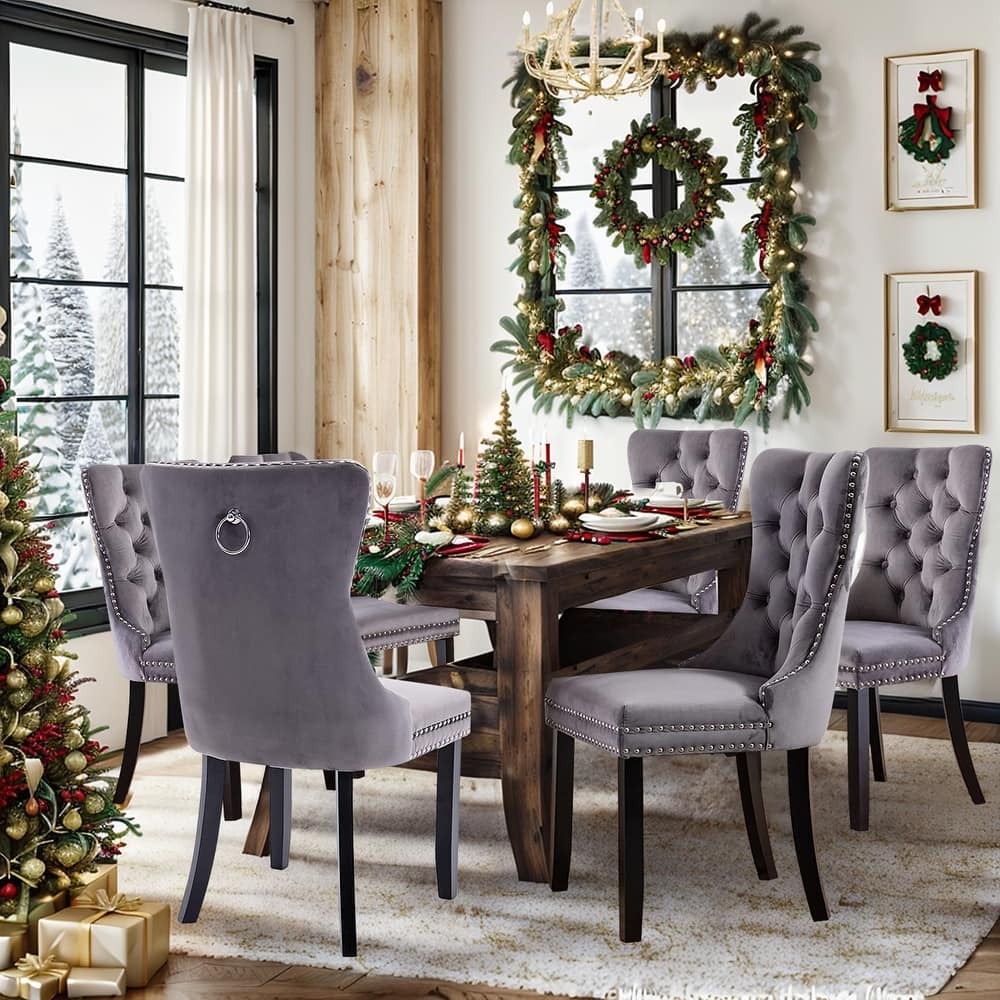 Set of 6 Velvet Upholstered Dining Chairs with Padded Seat and Solid Wood Legs – Modern Armless Kitchen Side Chairs