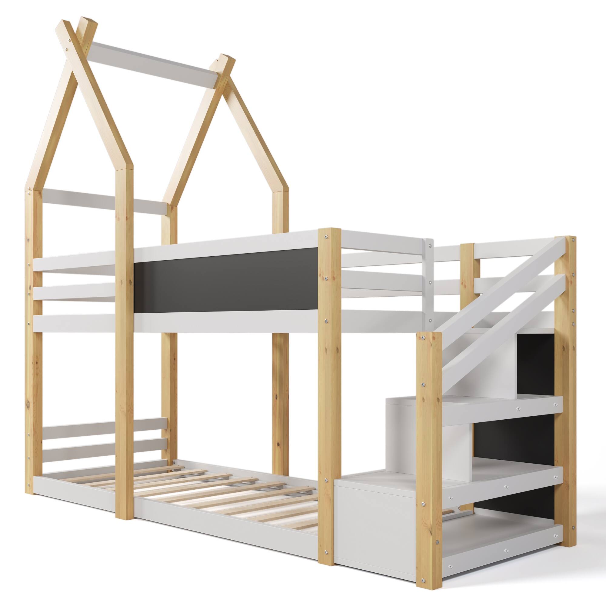 Twin over Twin House Bunk Bed Low Loft Bed Wood Slat Support with