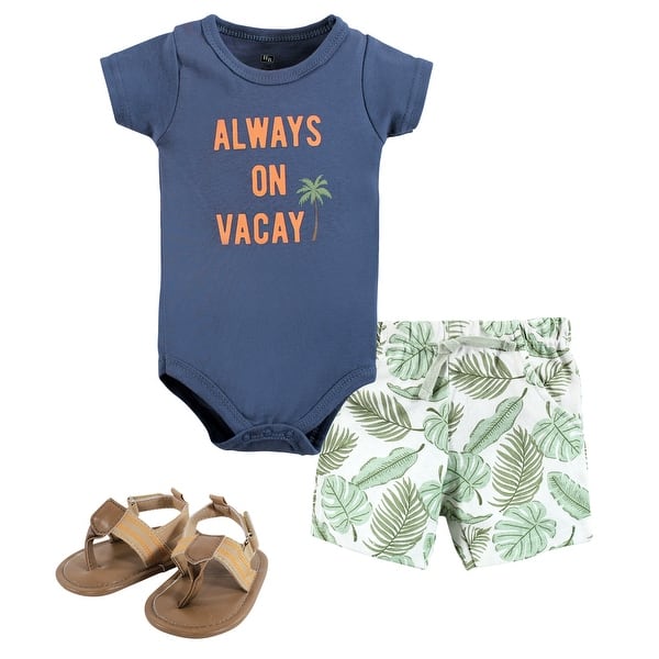 slide 1 of 1, Hudson Baby Infant Boy Cotton Bodysuit, Shorts and Shoe Set, Vacay 0-3 Months - Vacay