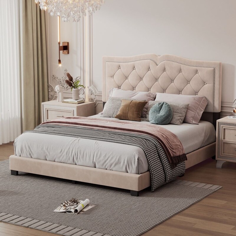 【超新作】 Bed Platform Upholstered Velvet with Bed - Headboard Tufted フェイスクリーム